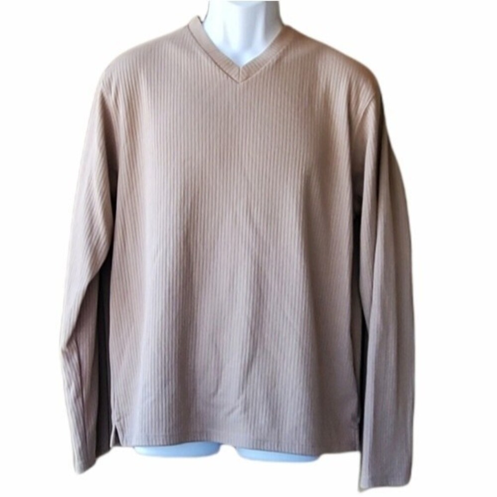 Kenneth Cole New york Mens Tan Ribbed Vneck Long sleeve Size large